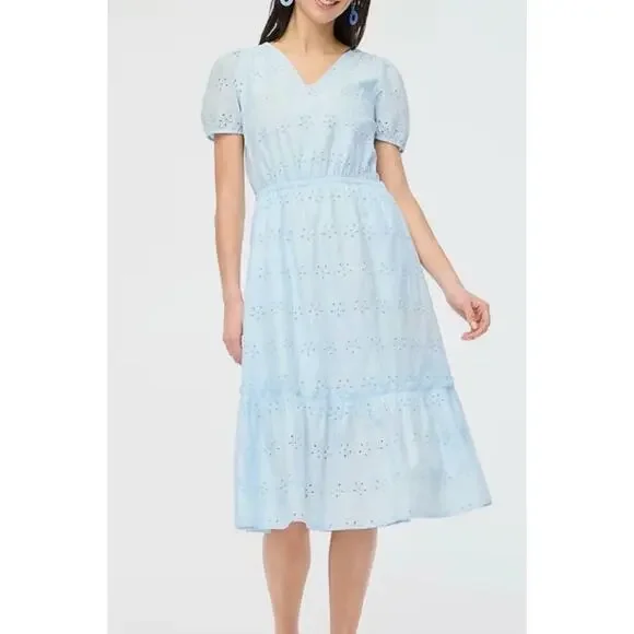 J. Crew Midi Dress Women's 8 Blue V Neck Puff Sleeve Eyelet Tiered Feminine - Picture 1 of 15